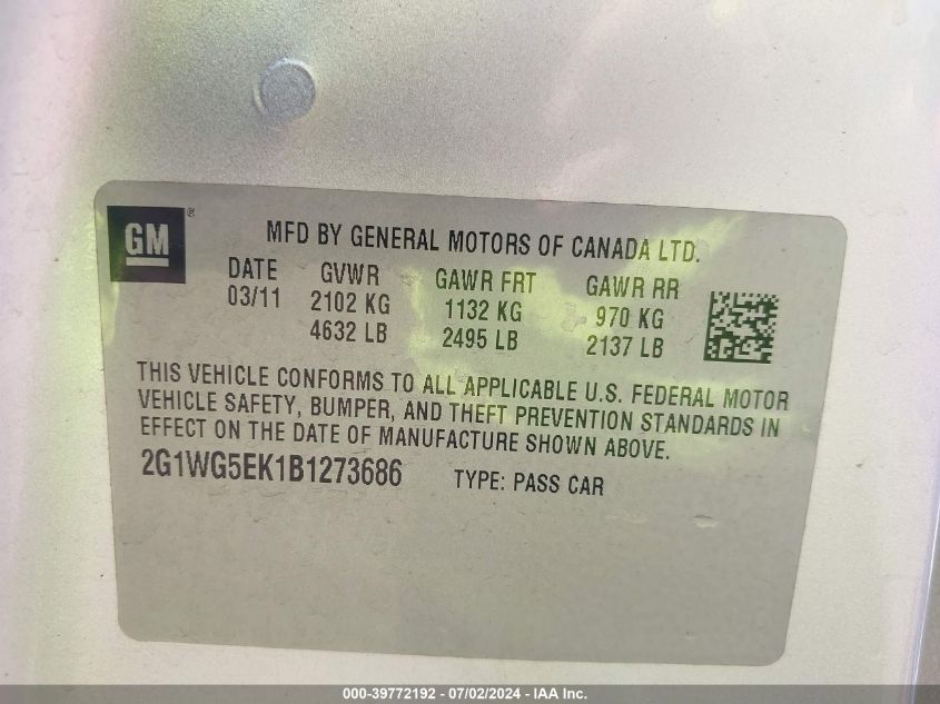 2011 Chevrolet Impala Lt VIN: 2G1WG5EK1B1273686 Lot: 39772192