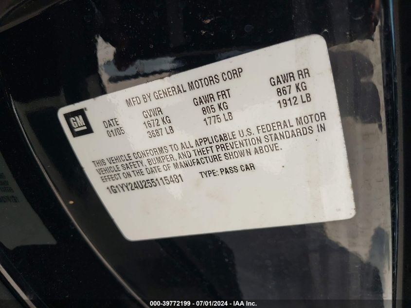 2005 Chevrolet Corvette VIN: 1G1YY24U255115481 Lot: 39772199