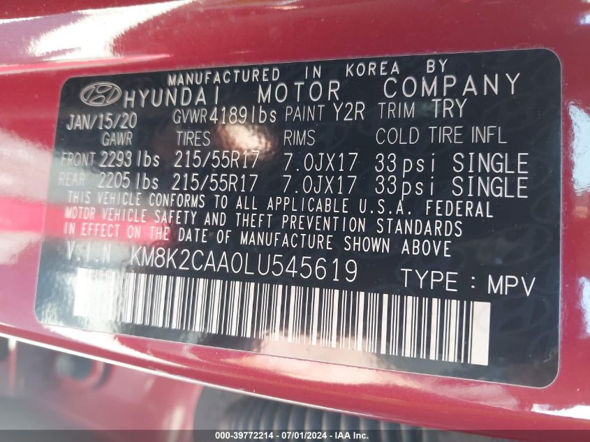 2020 Hyundai Kona Sel VIN: KM8K2CAA0LU545619 Lot: 39772214