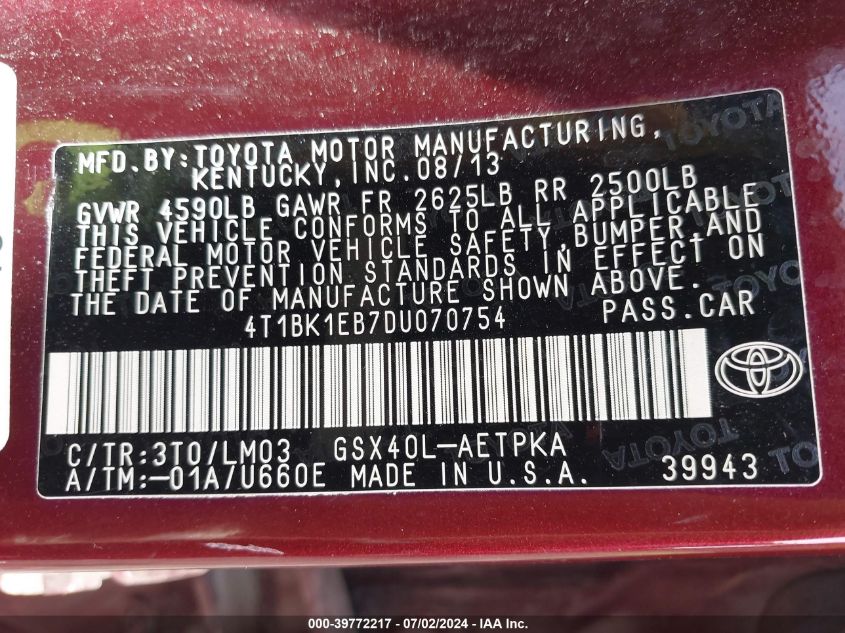 4T1BK1EB7DU070754 2013 Toyota Avalon Limited