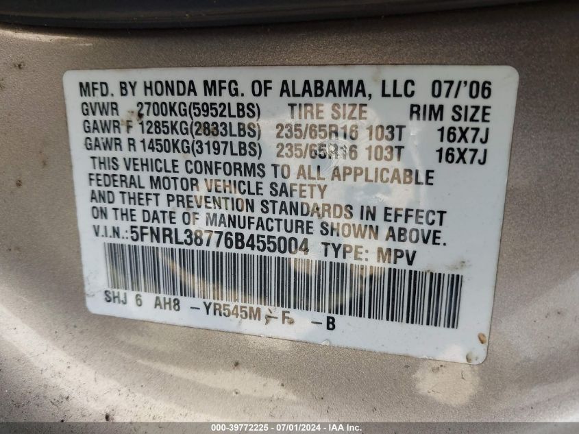 2006 Honda Odyssey Ex-L VIN: 5FNRL38776B455004 Lot: 39772225