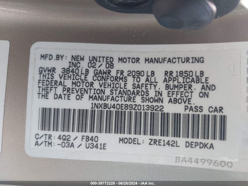 2009 Toyota Corolla Le VIN: 1NXBU40E89Z013922 Lot: 39772228