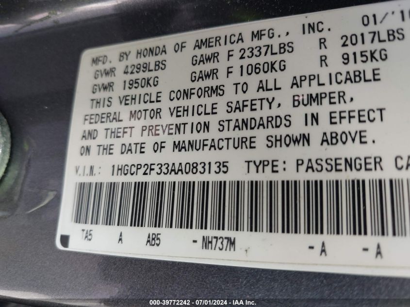 2010 Honda Accord 2.4 Lx VIN: 1HGCP2F33AA083135 Lot: 39772242