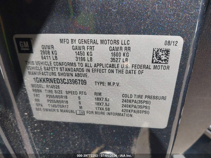 2012 GMC Acadia Sl VIN: 1GKKRNED3CJ396709 Lot: 39772253