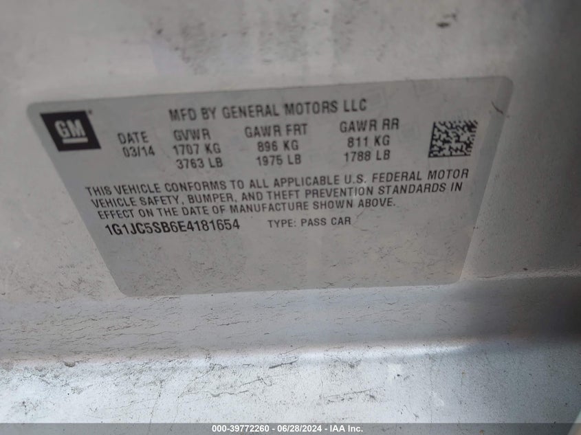 2014 Chevrolet Sonic Lt Auto VIN: 1G1JC5SB6E4181654 Lot: 39772260