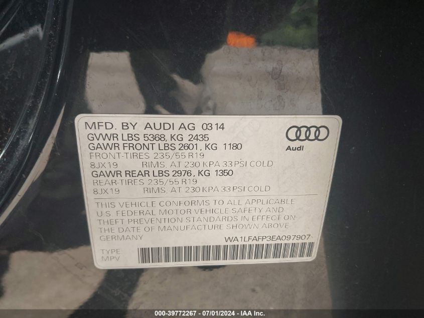 2014 Audi Q5 2.0T Premium VIN: WA1LFAFP3EA097907 Lot: 39772267