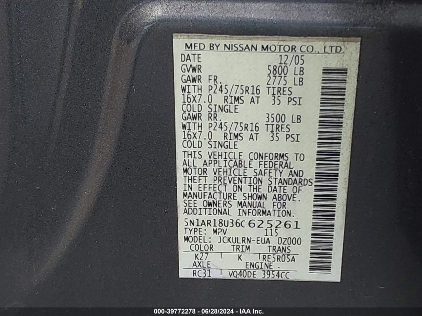 2006 Nissan Pathfinder S VIN: 5N1AR18U36C625261 Lot: 39772278