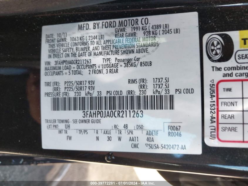 2012 Ford Fusion Sel VIN: 3FAHP0JA0CR211263 Lot: 39772281