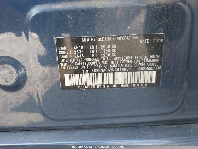2019 Subaru Legacy 2.5I Premium VIN: 4S3BNAF62K3019081 Lot: 39772282