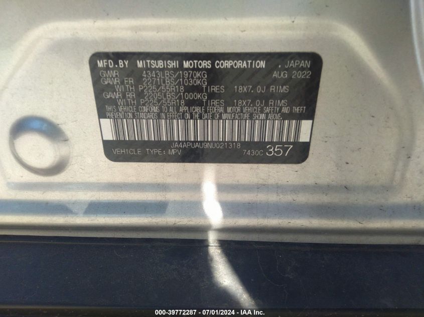 2022 Mitsubishi Outlander Sport 2.0 Be 2Wd/2.0 Es 2Wd/2.0 Le 2Wd/2.0 S 2Wd VIN: JA4APUAU9NU021318 Lot: 39772287
