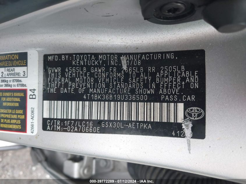 2009 Toyota Avalon Limited VIN: 4T1BK36B19U336500 Lot: 39772289