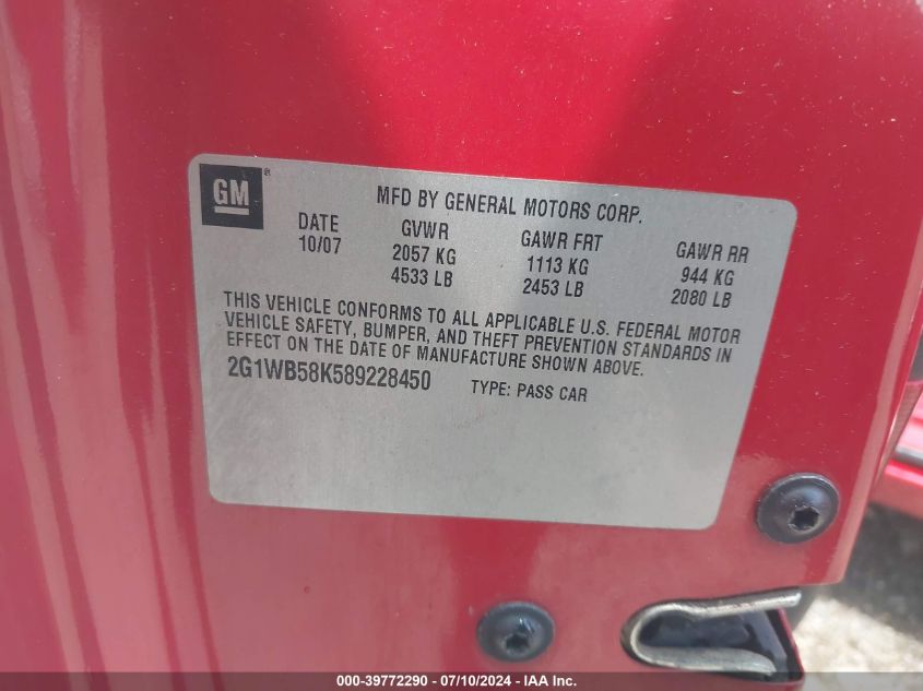 2008 Chevrolet Impala Ls VIN: 2G1WB58K589228450 Lot: 39772290
