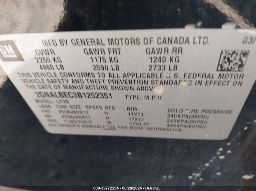 2011 Chevrolet Equinox Ls VIN: 2GNALBEC3B1252351 Lot: 39772294