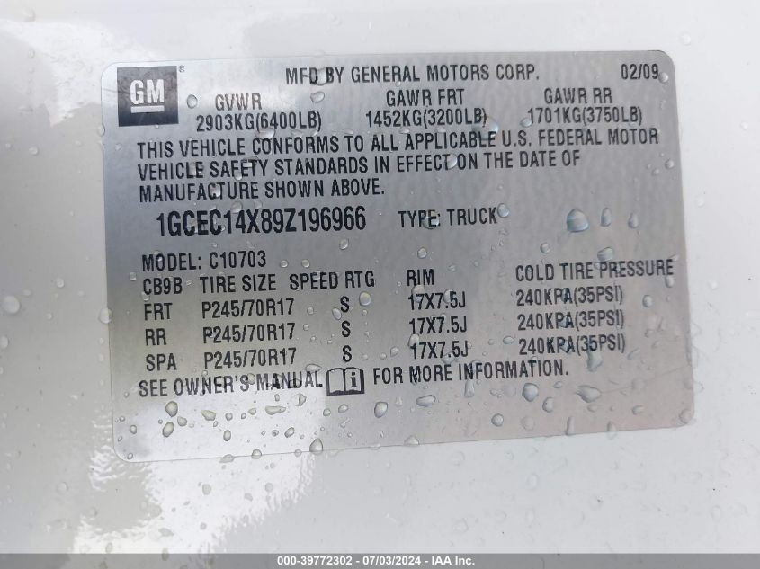 2009 Chevrolet Silverado 1500 Work Truck VIN: 1GCEC14X89Z196966 Lot: 39772302