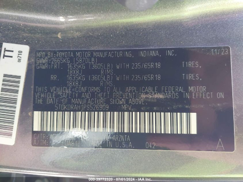 2023 Toyota Highlander Le VIN: 5TDKDRAH1PS526909 Lot: 39772320