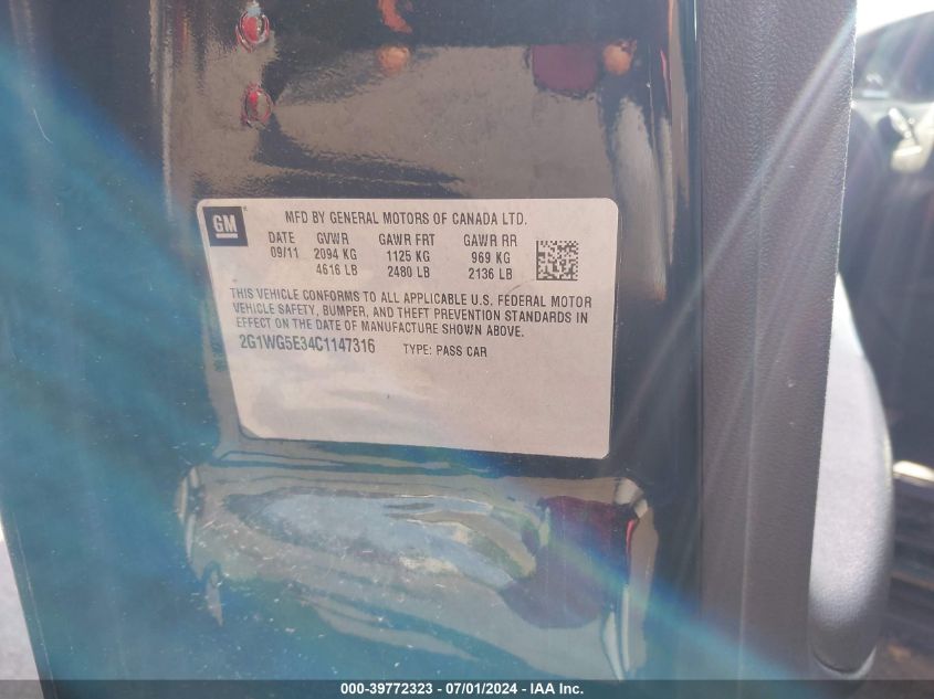 2012 Chevrolet Impala Lt VIN: 2G1WG5E34C1147316 Lot: 39772323