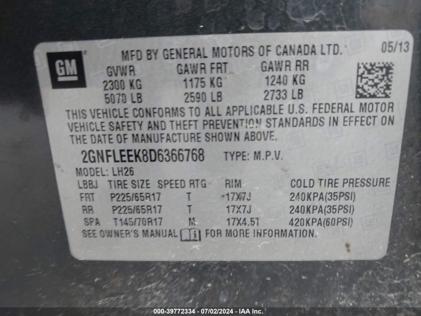 2013 Chevrolet Equinox Lt VIN: 2GNFLEEK8D6366768 Lot: 39772334