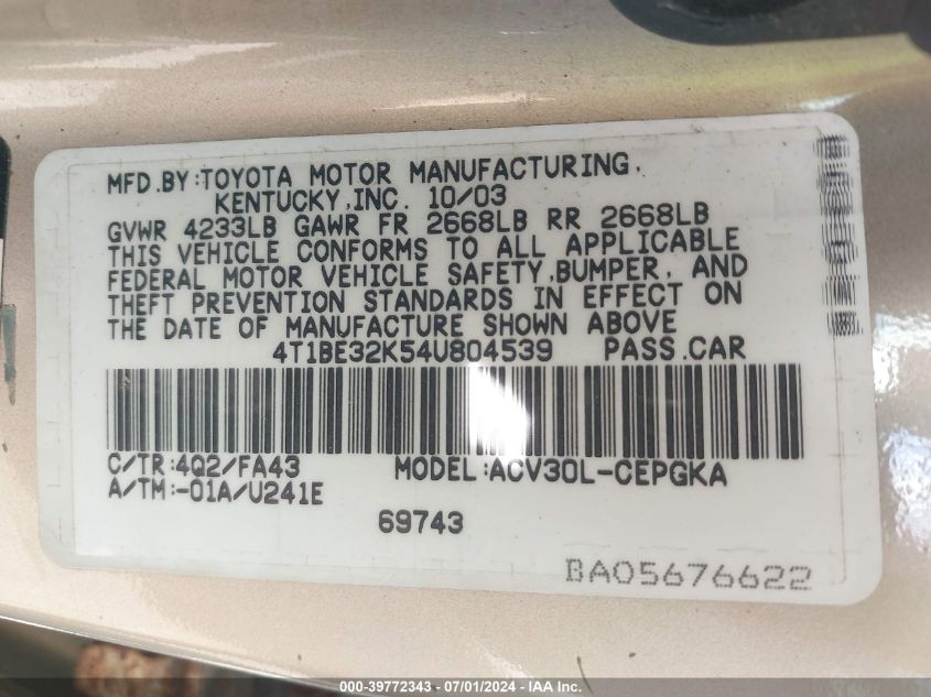 2004 Toyota Camry Xle VIN: 4T1BE32K54U804539 Lot: 39772343