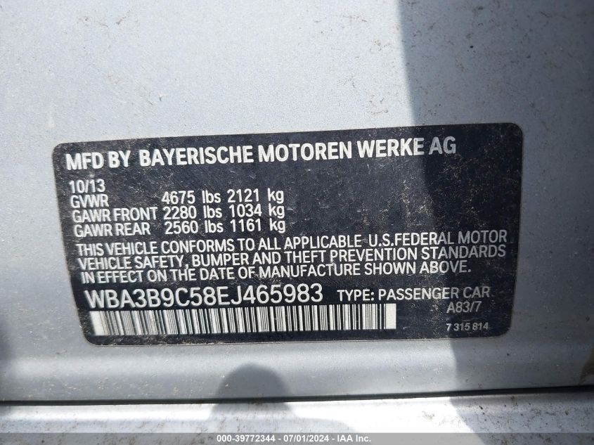 2014 BMW 335I xDrive VIN: WBA3B9C58EJ465983 Lot: 39772344
