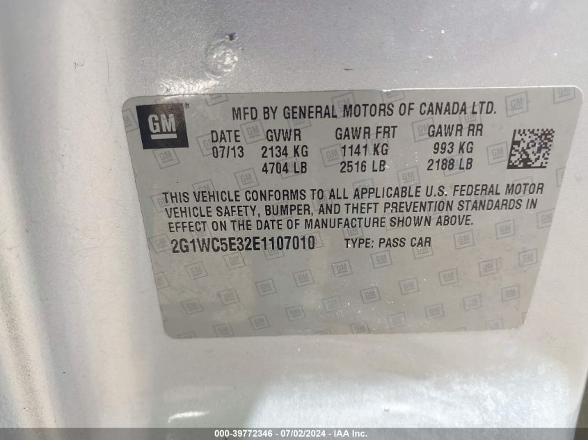 2014 Chevrolet Impala Limited Ltz VIN: 2G1WC5E32E1107010 Lot: 39772346