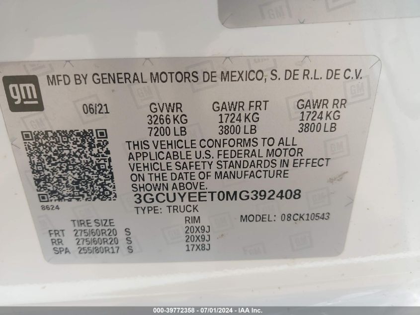 2021 Chevrolet Silverado 1500 4Wd Short Bed Rst VIN: 3GCUYEET0MG392408 Lot: 39772358