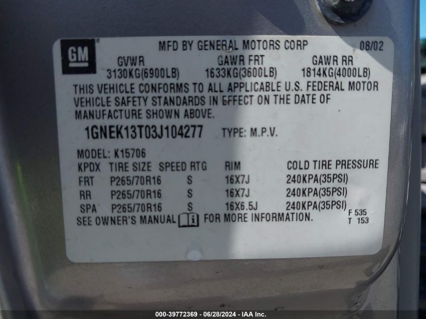 2003 Chevrolet Tahoe Lt VIN: 1GNEK13T03J104277 Lot: 39772369