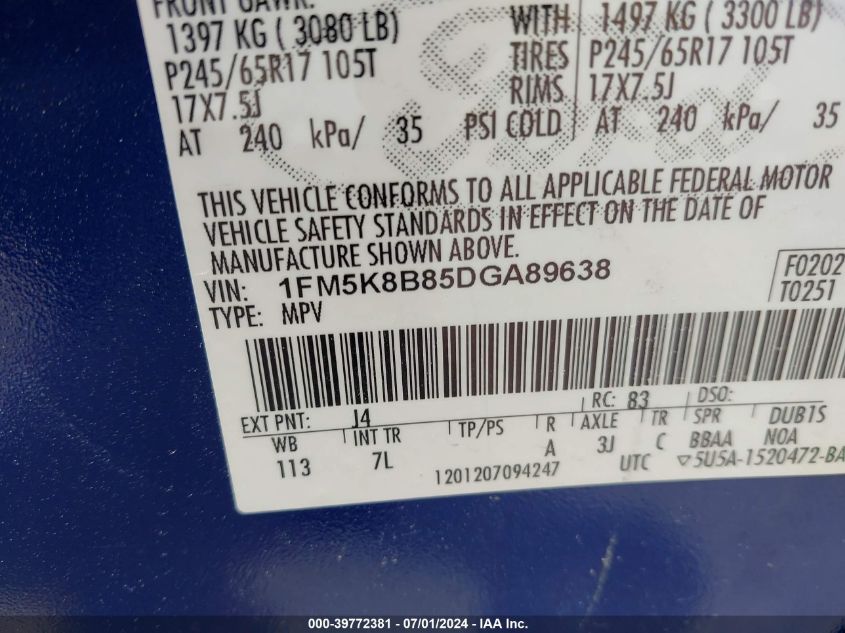 2013 Ford Explorer VIN: 1FM5K8B85DGA89638 Lot: 39772381