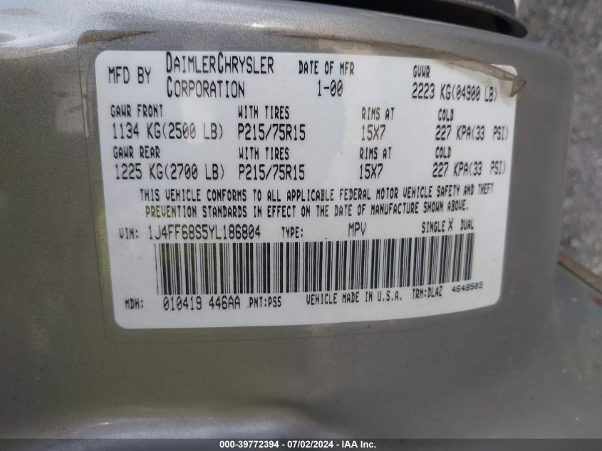 2000 Jeep Cherokee Limited VIN: 1J4FF68S5YL186804 Lot: 39772394