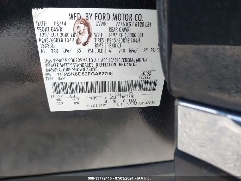 2015 Ford Explorer Xlt VIN: 1FM5K8D82FGA62798 Lot: 39772415