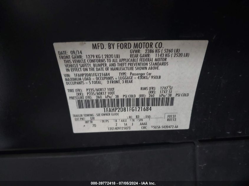 2015 Ford Taurus Se VIN: 1FAHP2D81FG121684 Lot: 39772418