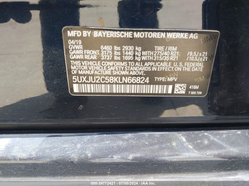 2019 BMW X5 xDrive50I VIN: 5UXJU2C58KLN66824 Lot: 39772421