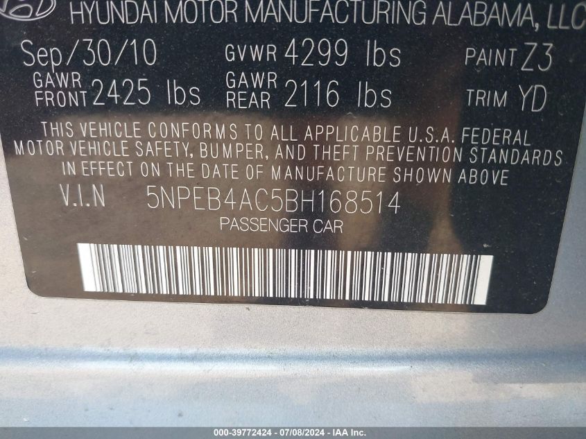 2011 Hyundai Sonata Gls VIN: 5NPEB4AC5BH168514 Lot: 39772424
