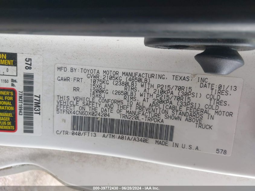 2013 Toyota Tacoma VIN: 5TFNX4CN6DX024204 Lot: 39772430