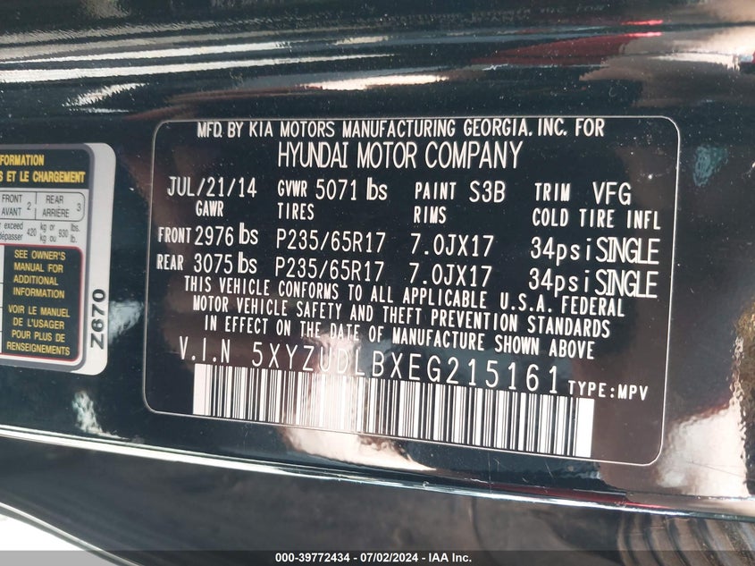 2014 Hyundai Santa Fe Sport 2.4L VIN: 5XYZUDLBXEG215161 Lot: 39772434