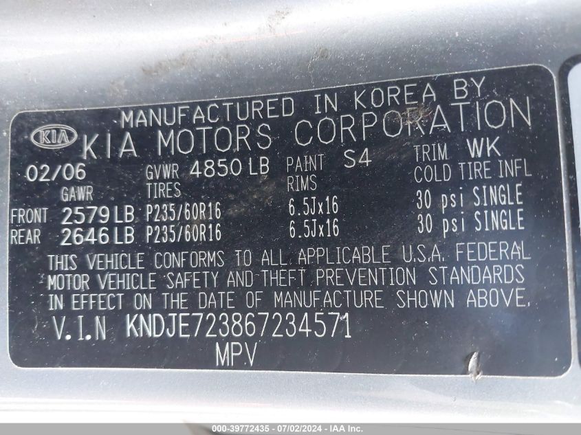 2006 Kia Sportage Ex V6/Lx V6 VIN: KNDJE723867234571 Lot: 39772435