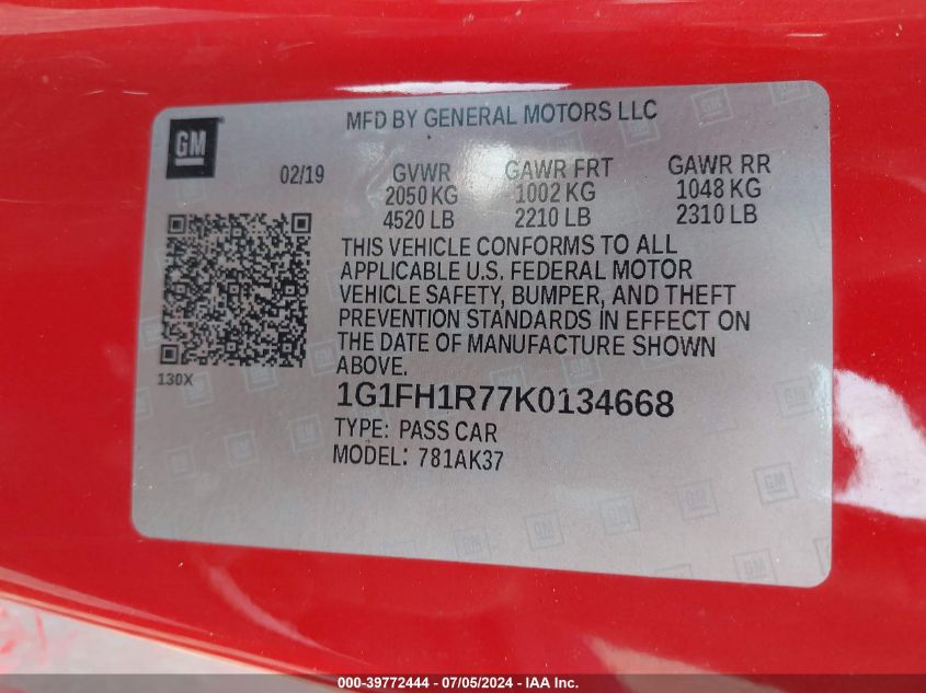 2019 Chevrolet Camaro 2Ss VIN: 1G1FH1R77K0134668 Lot: 39772444