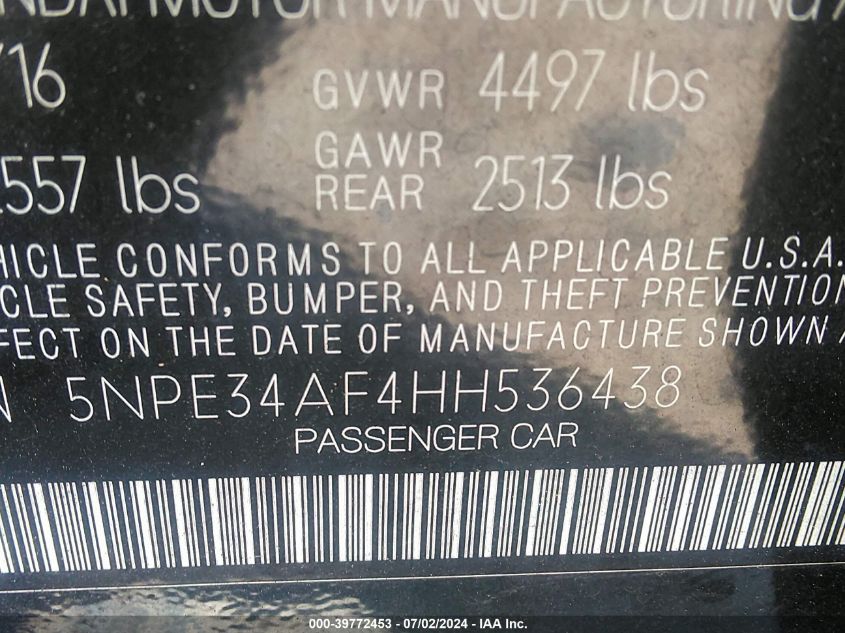 2017 Hyundai Sonata Sport VIN: 5NPE34AF4HH536438 Lot: 39772453