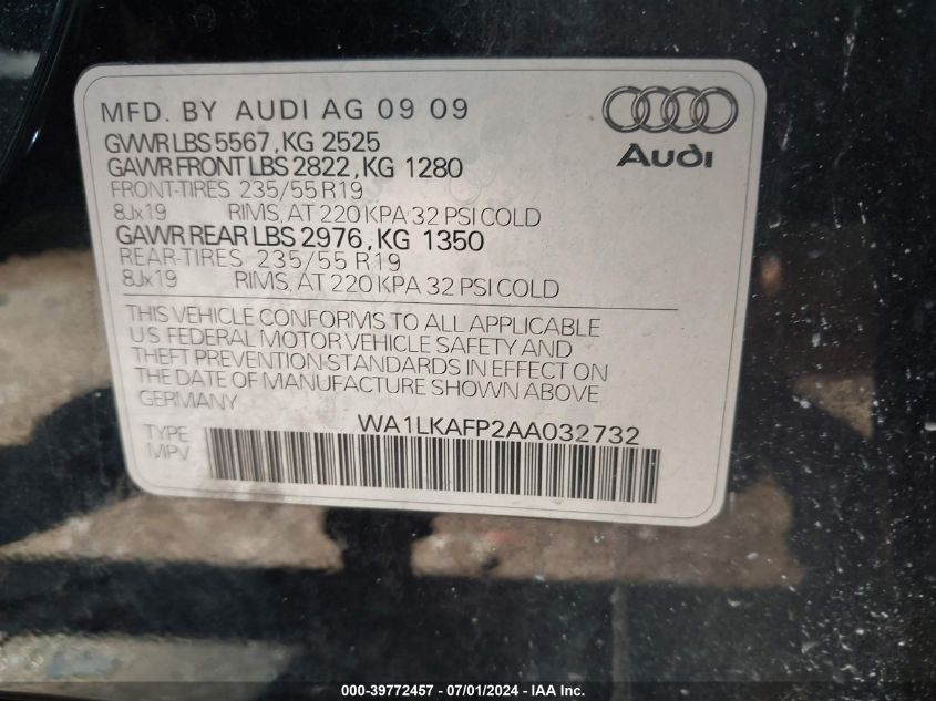 2010 Audi Q5 3.2 Premium VIN: WA1LKAFP2AA032732 Lot: 39772457