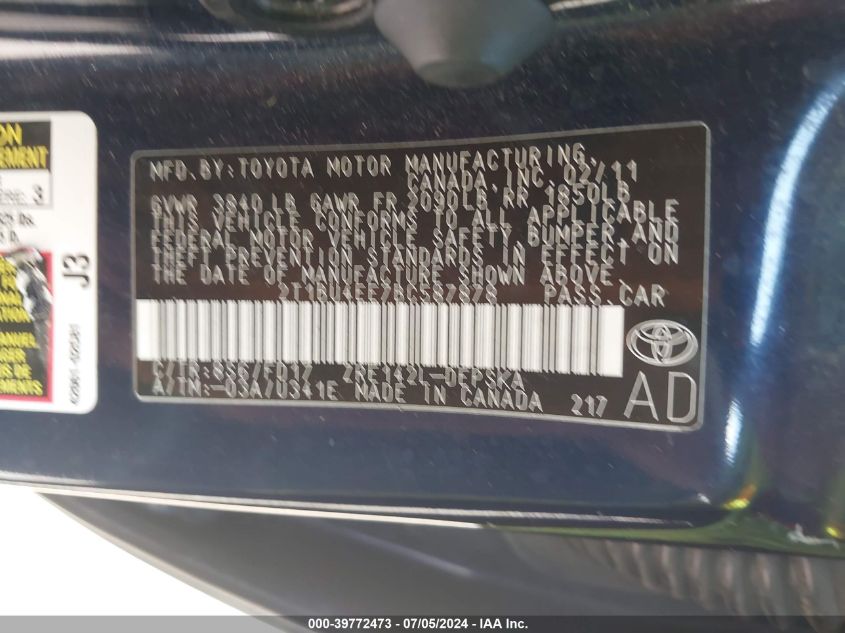 2011 Toyota Corolla S VIN: 2T1BU4EE7BC587878 Lot: 39772473