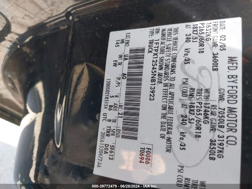 2005 Ford F-150 Lariat/Xl/Xlt VIN: 1FTPX12545NB13923 Lot: 39772479