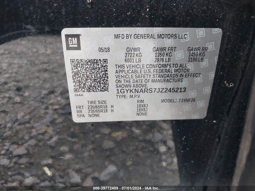 2018 Cadillac Xt5 Standard VIN: 1GYKNARS7JZ245213 Lot: 39772489