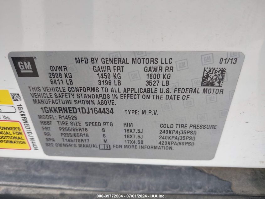 2013 GMC Acadia Sle-1 VIN: 1GKKRNED1DJ164434 Lot: 39772504