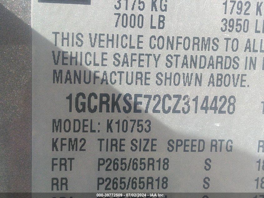 2012 Chevrolet Silverado 1500 Lt VIN: 1GCRKSE72CZ314428 Lot: 39772509