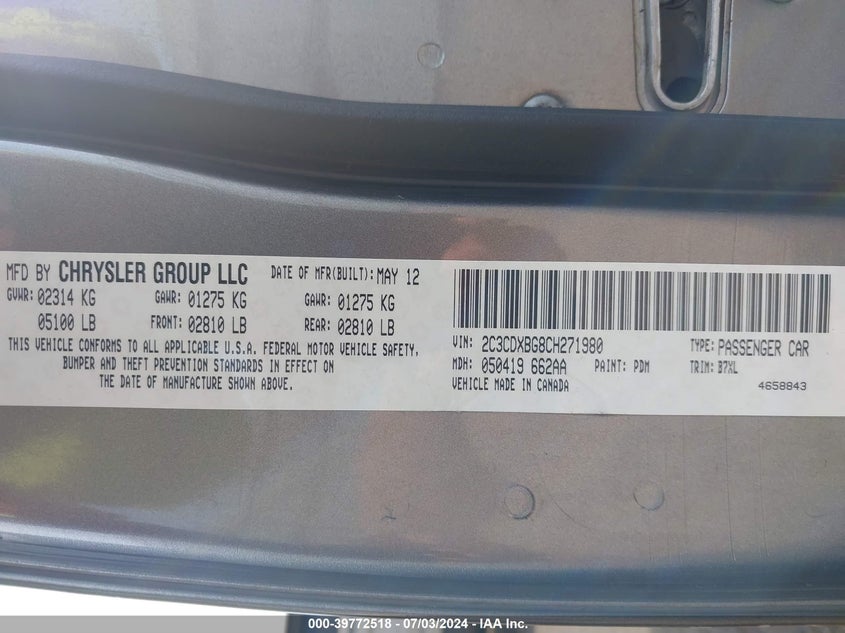 2012 Dodge Charger Se VIN: 2C3CDXBG8CH271980 Lot: 39772518