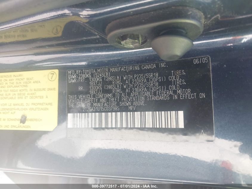 2005 Lexus Rx 330 VIN: 2T2GA31U15C037985 Lot: 39772517