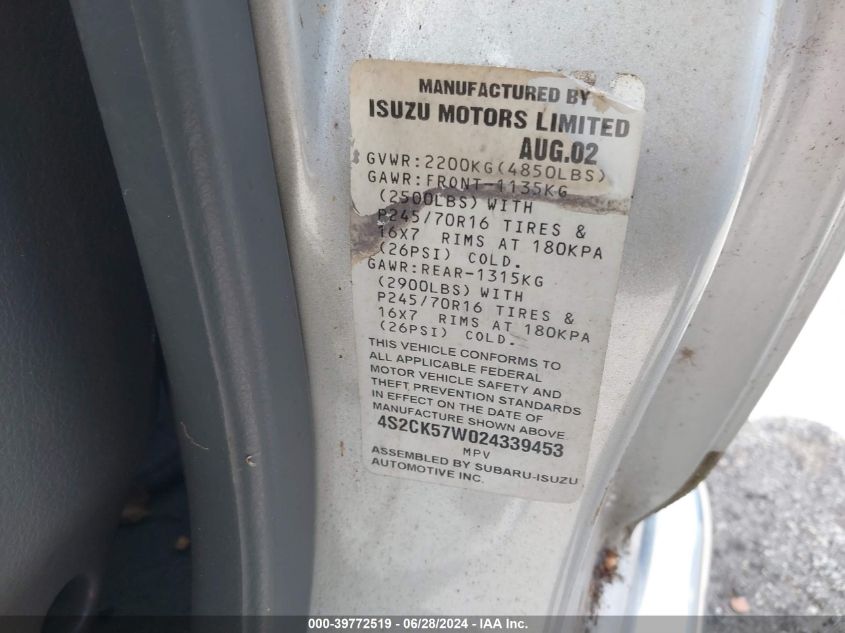 2002 Isuzu Rodeo Sport S 3.2L V6 Hard Top/S 3.2L V6 Soft Top VIN: 4S2CK57W024339453 Lot: 39772519