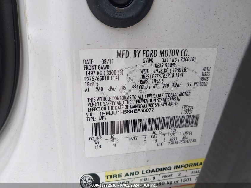 2011 Ford Expedition Xlt/King Ranch VIN: 1FMJU1H58BEF56072 Lot: 39772530