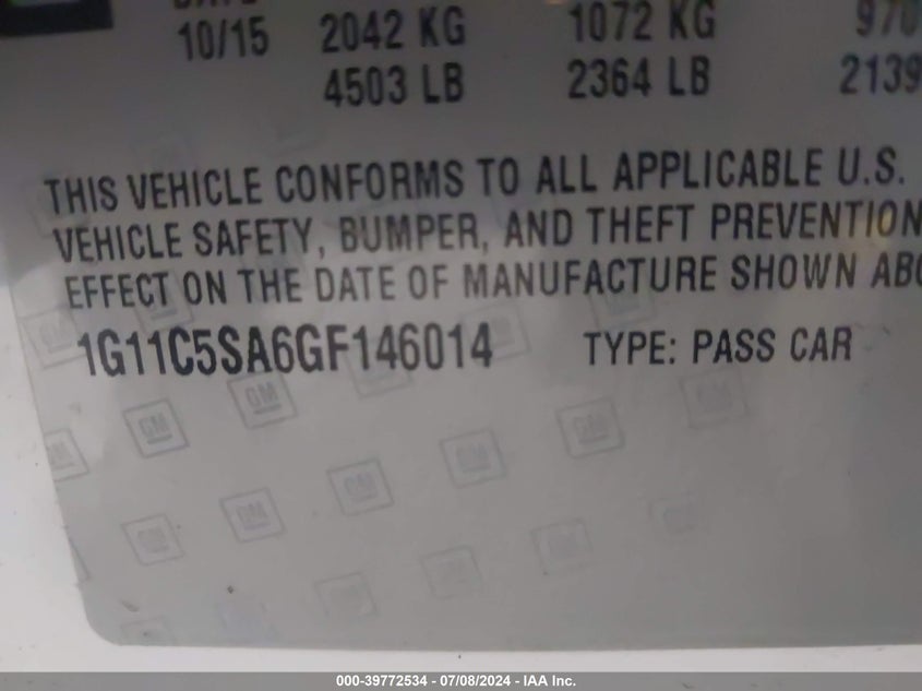 2016 Chevrolet Malibu Limited Lt VIN: 1G11C5SA6GF146014 Lot: 39772534