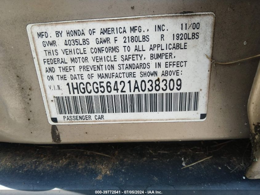 2001 Honda Accord 2.3 Lx VIN: 1HGCG56421A038309 Lot: 39772541