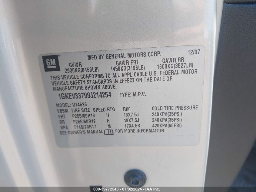 2008 GMC Acadia Slt-2 VIN: 1GKEV33798J214254 Lot: 39772543